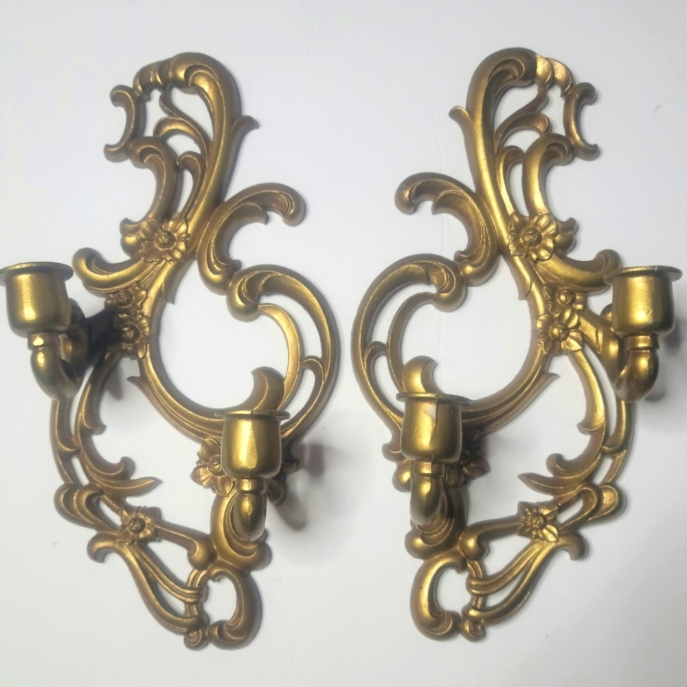 Antique SEXTON Candle Sconces Scrolled Cast Metal Candle Holders Wall Mount Pair